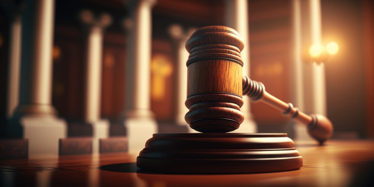 Law Books and Wooden Gavel on Sound Block in Courtroom